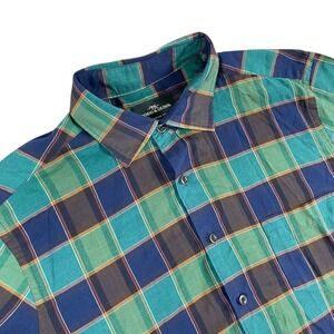 Rodd & Gunn Shirt Men L Blue Green Plaid Short Sleeve Button Down Italian Fabric